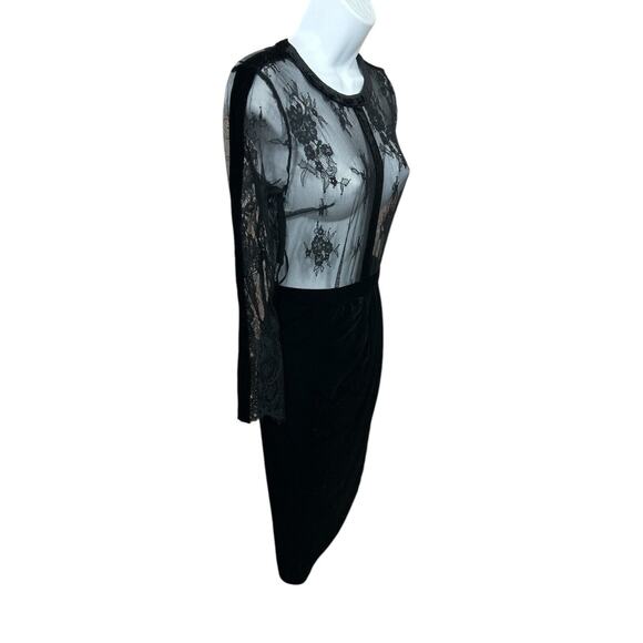 Missguided Sheer Lace Velvet Midi Dress Black Sz 6 Long-Sleeve Lined Draped Hip - Picture 7 of 10